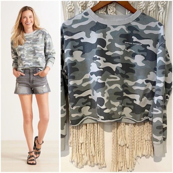 Spiritual Gangster Mazzy Pullover Sweatshirt SZ SM Cropped Camo Green Athleisure - Picture 1 of 7